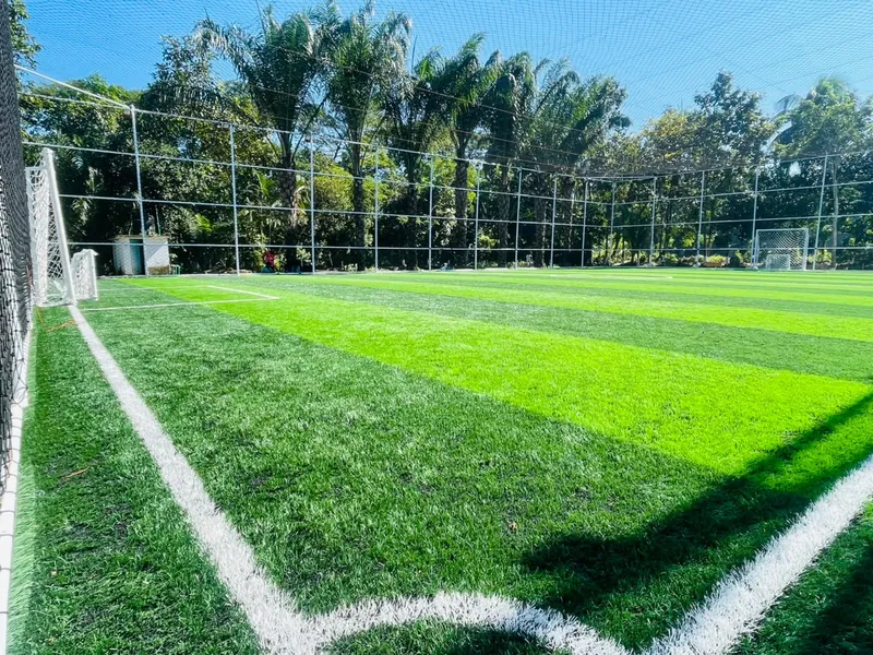The pitch in daylight from a corner, goal at the far end